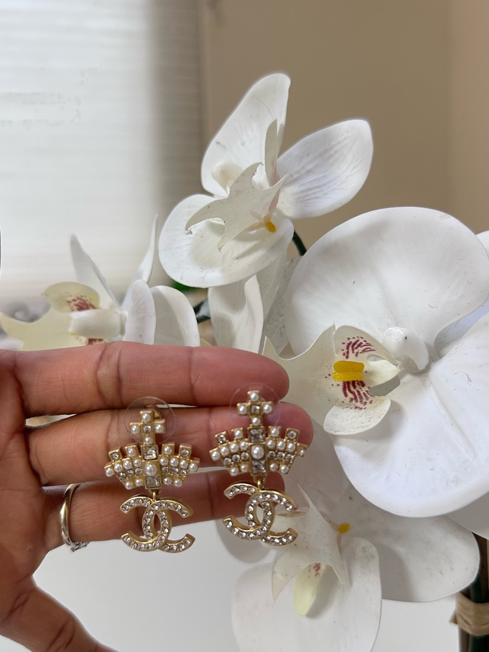 Gold Pearl Cross Drop Earrings with Interlocking Logo